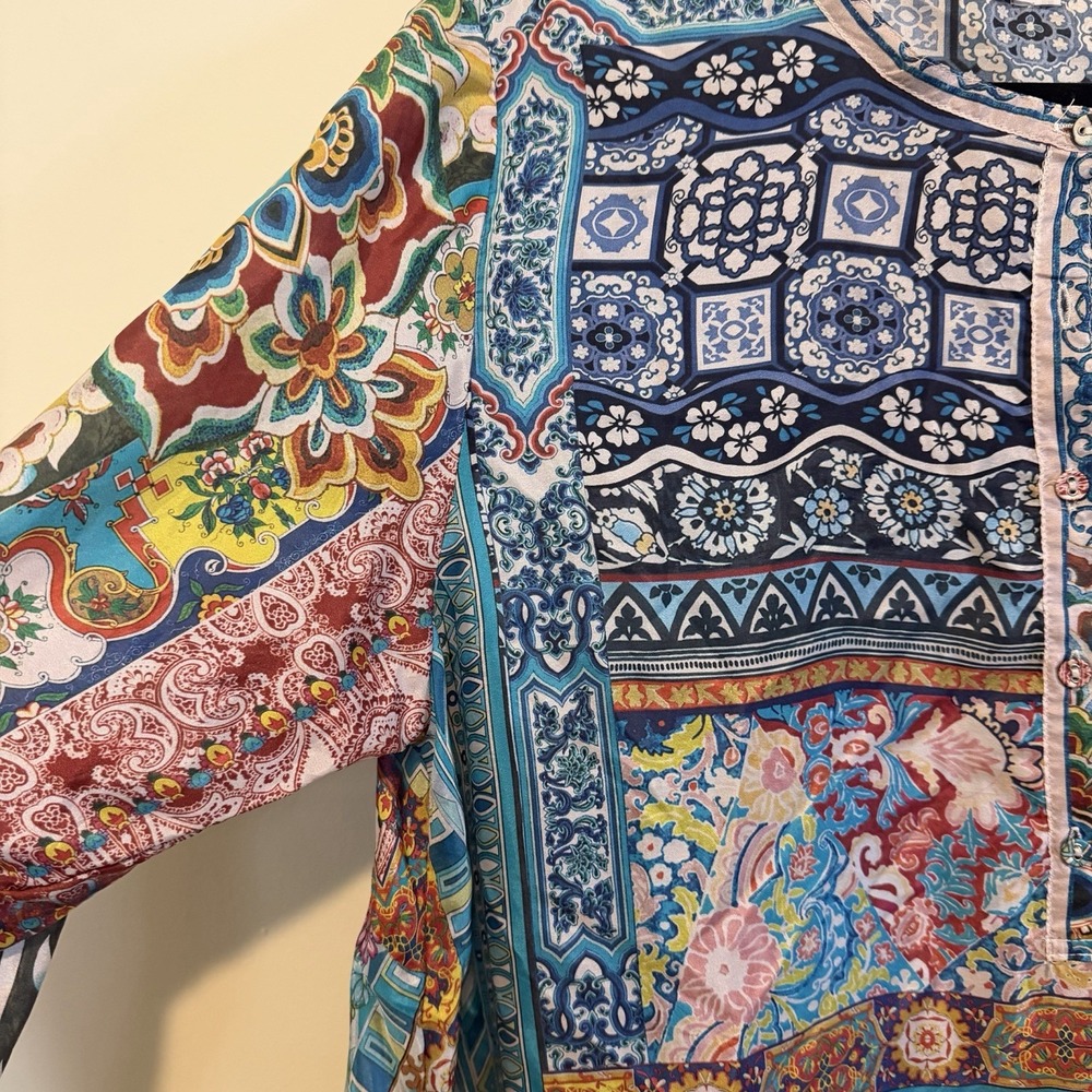 Johnny Was 100% Silk Patchwork Tunic Women's Size Petite L LP Boho Hippie Career - Picture 10 of 12